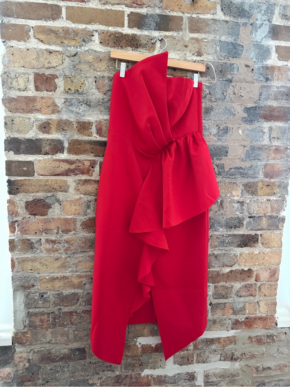 Strapless Red Ruffle Midi Dress